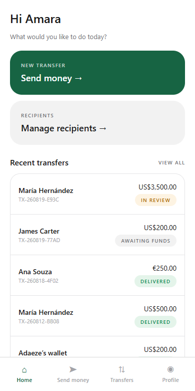 Paythara mobile app with recent transfers